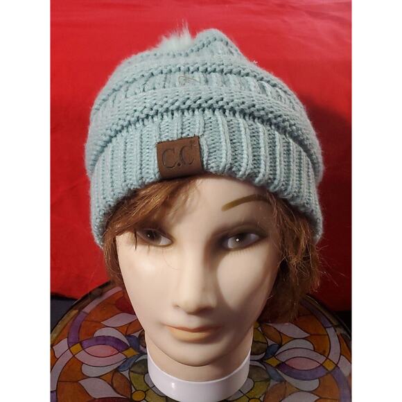 C. C Sek(Handmade)Mixed Lot Of 2 Knit Winter Pom Pom Bow Knit Hats Ponytail Hole - Picture 5 of 16